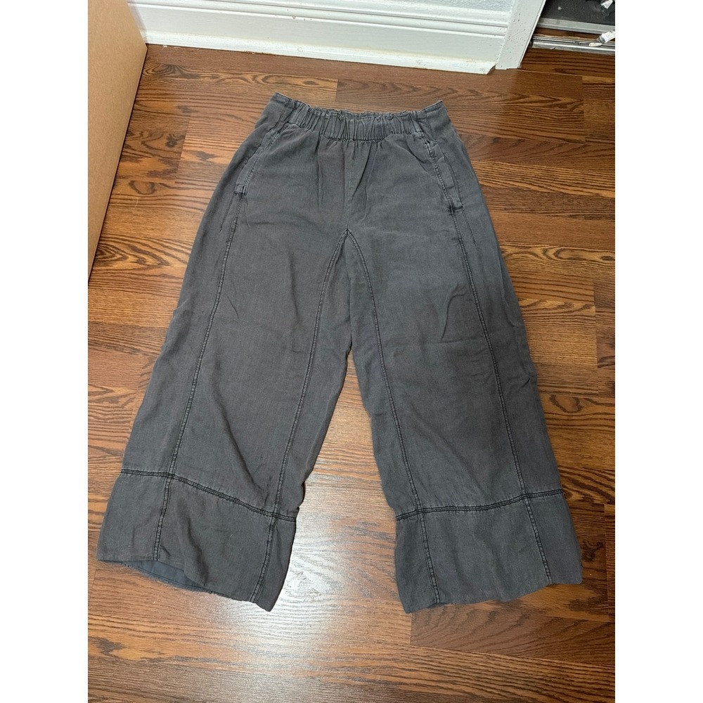 Free People Charcoal Gray Linen Blend Wide Leg Crop Elastic Waist Pants M